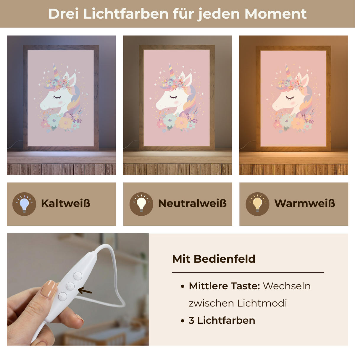 NACHTTISCHLAMPE Einhorn - Rosa - Blumen 20x30 cm - Rosa, Holzwerkstoff (8/20/30cm)