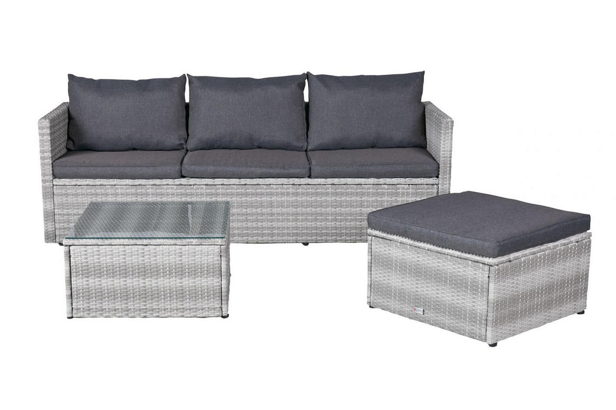 LOUNGESET Manila, Polyrattan, Weiß-Grau - Grau, Kunststoff/Metall - dasmöbelwerk