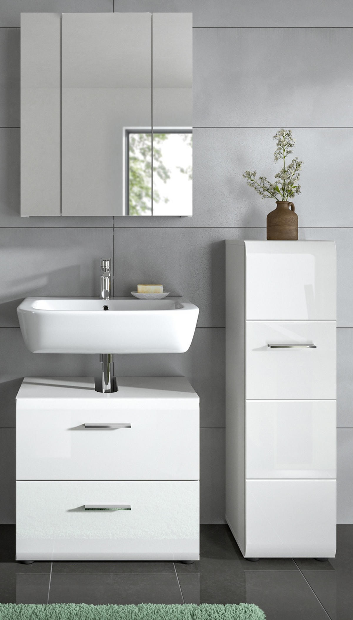 BADMÖBEL SET 3-teilig in weiß Hochglanz Badkombination 105 x 185 cm Cover - Weiß Hochglanz/Silberfarben, Holzwerkstoff/Kunststoff (105/185/30cm) - Inn.Furn