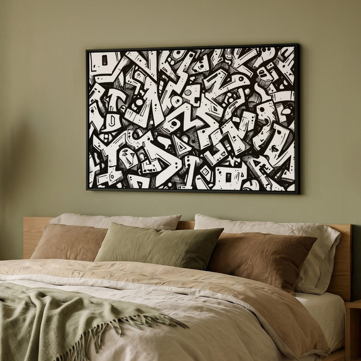 LEINWAND Bilder mit Rahmen - Formen - Buchstaben - Graffiti - Schwarz - 90x60 - Schwarz, Textil (90/60cm) - MuchoWow