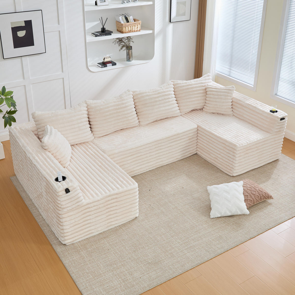 WOHNLANDSCHAFT 320/155/88 cm Beige mit Getränkehalter und Seitentasche - Beige, Textil (320/88/155cm) - Oxeza