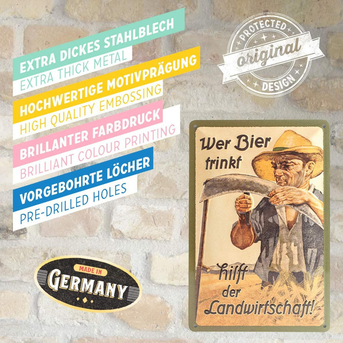 BLECHSCHILD 20/30 cm Open Bar Wer Bier trinkt hilft der Landwirtschaft - Multicolor, Metall (20/30/0.2cm) - Nostalgic-Art