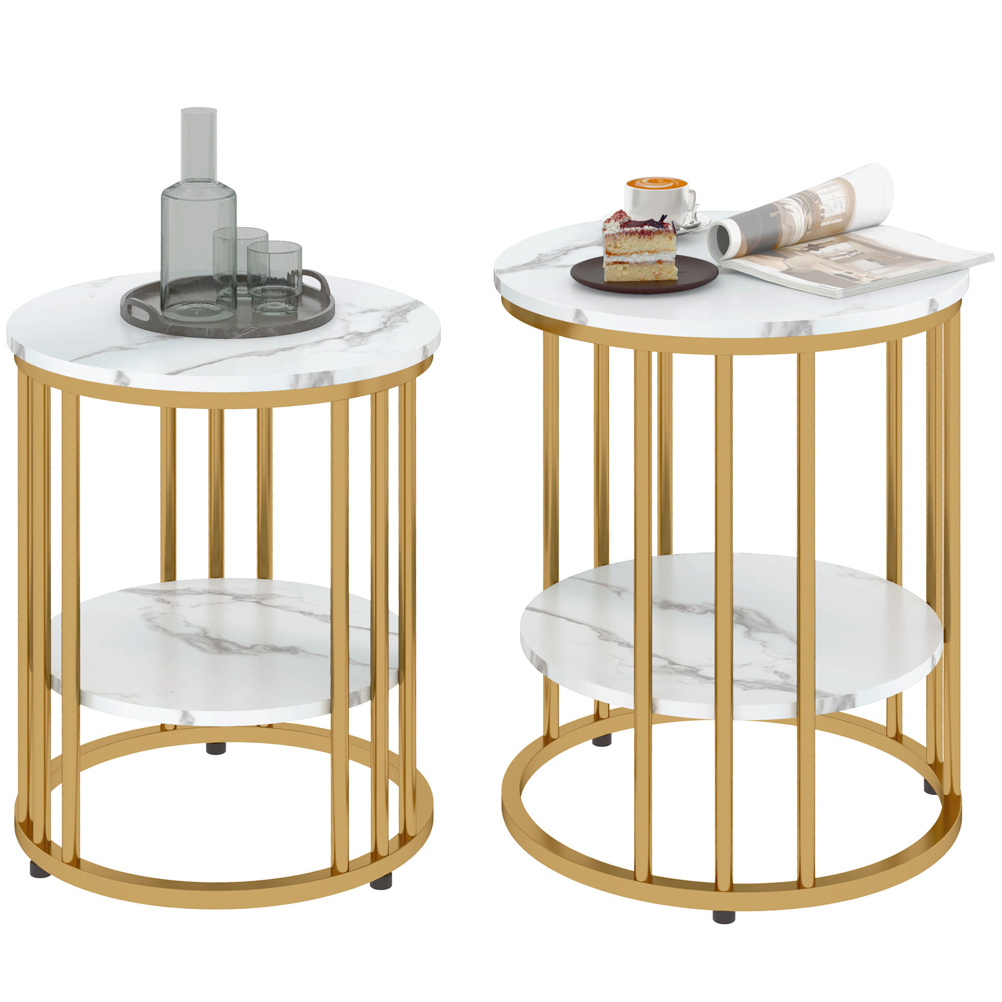 BEISTELLTISCH 2er-Set DE-08794 Marmoroptik mit offenem Stauraum Gold - Weiß, Metall (45/45/55cm) - ComfortXL