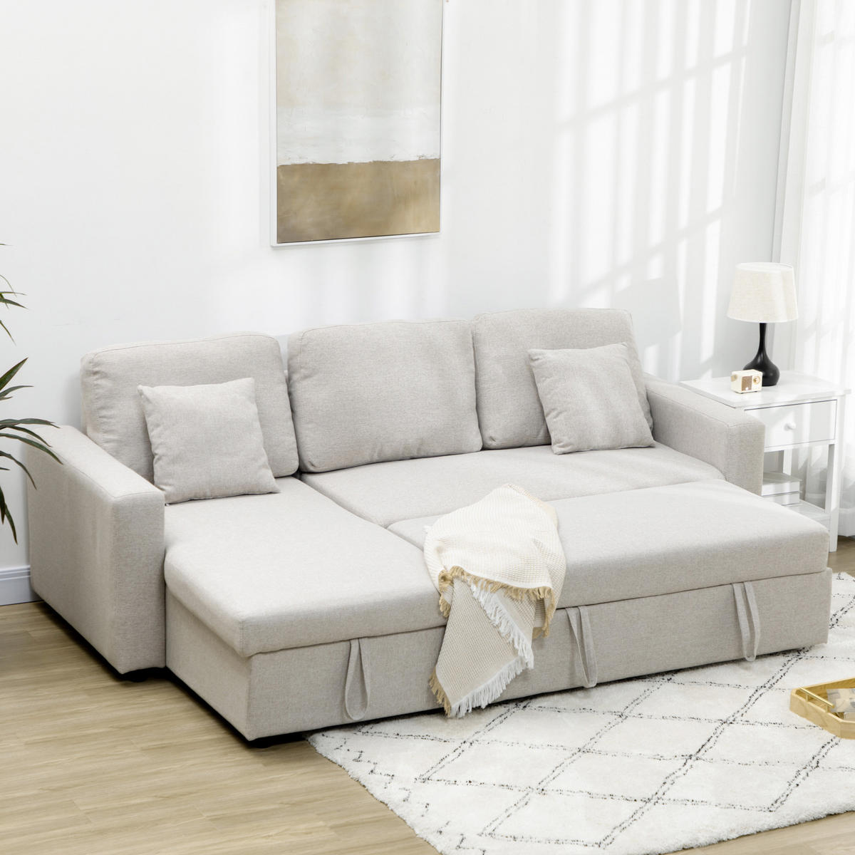 ECKSOFA mit Bettfunktion, Eckcouch inklusive 2er-Sitz Sofa, Einzelbett, L-Form - Weiß, Holzwerkstoff (140/225cm) - HOMCOM