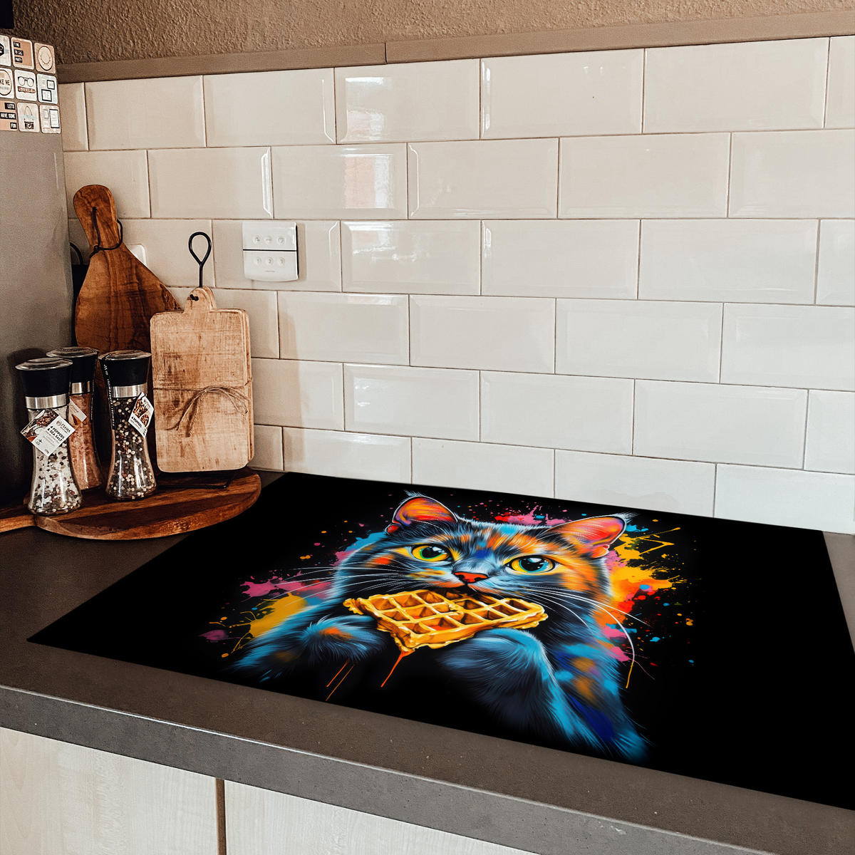 HERDABDECKPLATTE Katze - Graffiti - Bunt - Waffel - Essen Induktionsmatte 81x52 cm - Multicolor, Kunststoff (81/52/0.2cm) - MuchoWow