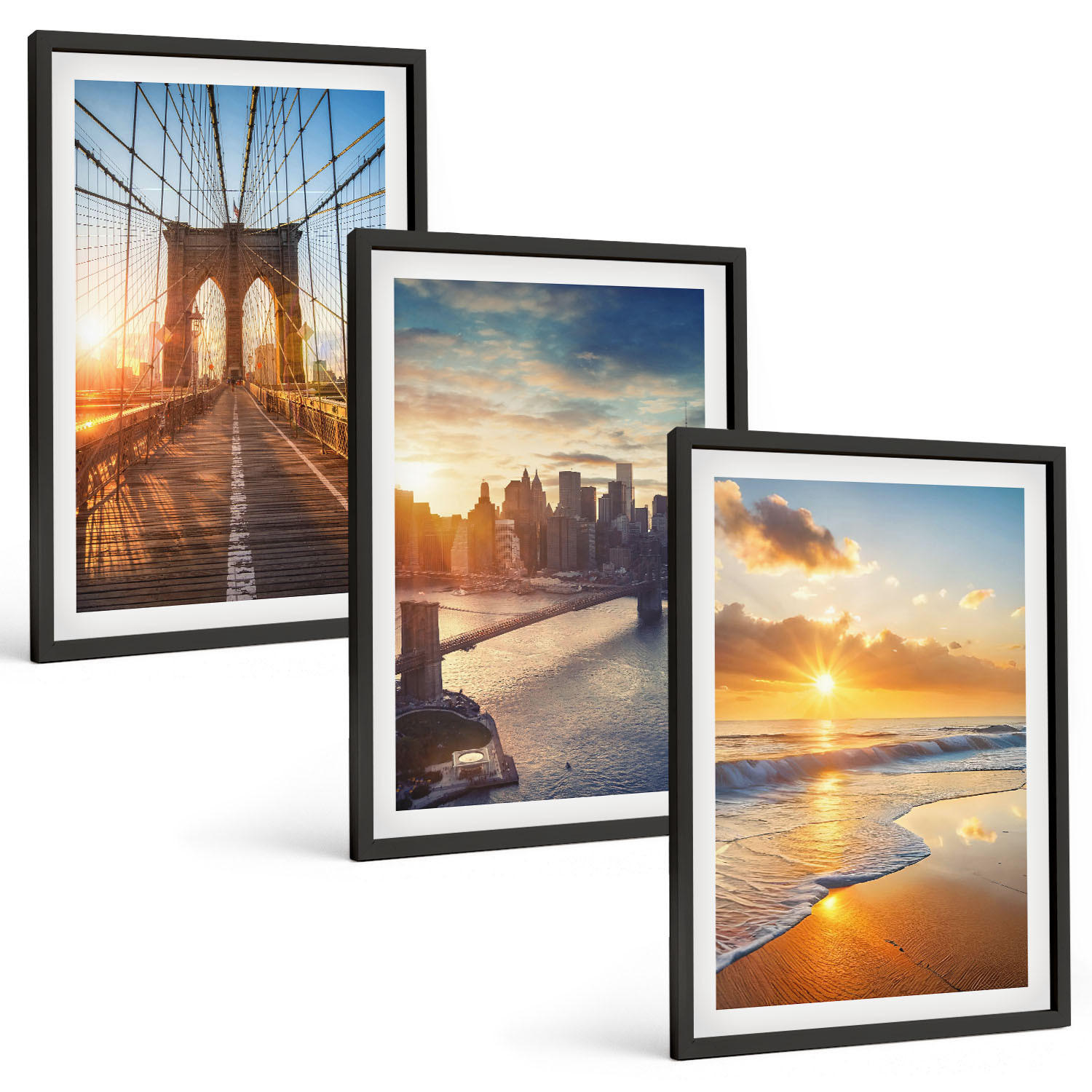BILDER SET 3er Set - 40x60 cm Schwarzer Rahmen - Brücken, Sonnenuntergänge, Stadt - Schwarz, Kunststoff (40/60cm) - TULUP
