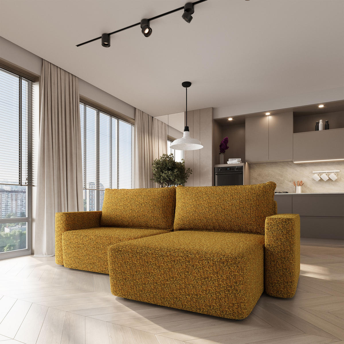 ECKSOFA BELISE BL Currygelb Chenille mit Schlaffunktion - Currygelb, Holz/Textil (252/162cm) - MASSENO