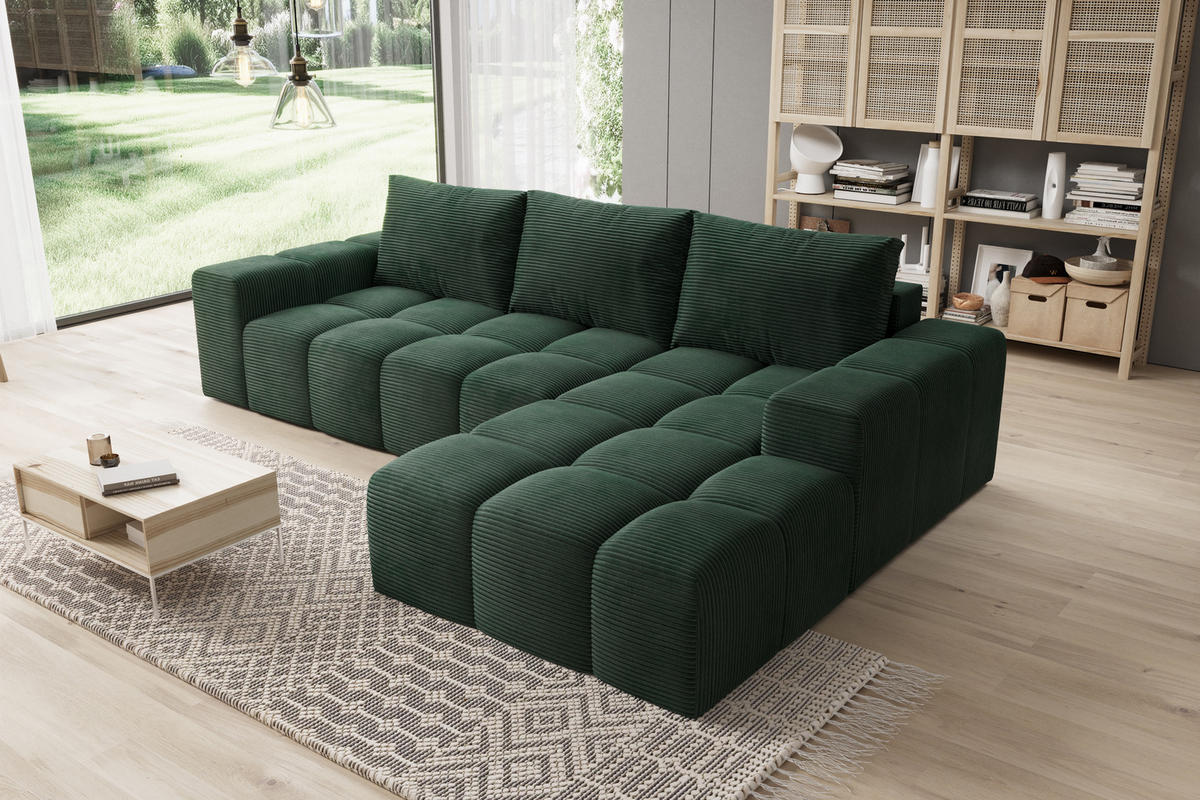 ECKSOFA Cento, L-Form, Ottomane Rechts, Cordstoff, 285x56x180 cm, Grün - Grün, Holz (250/180cm) - PROMETO Möbel