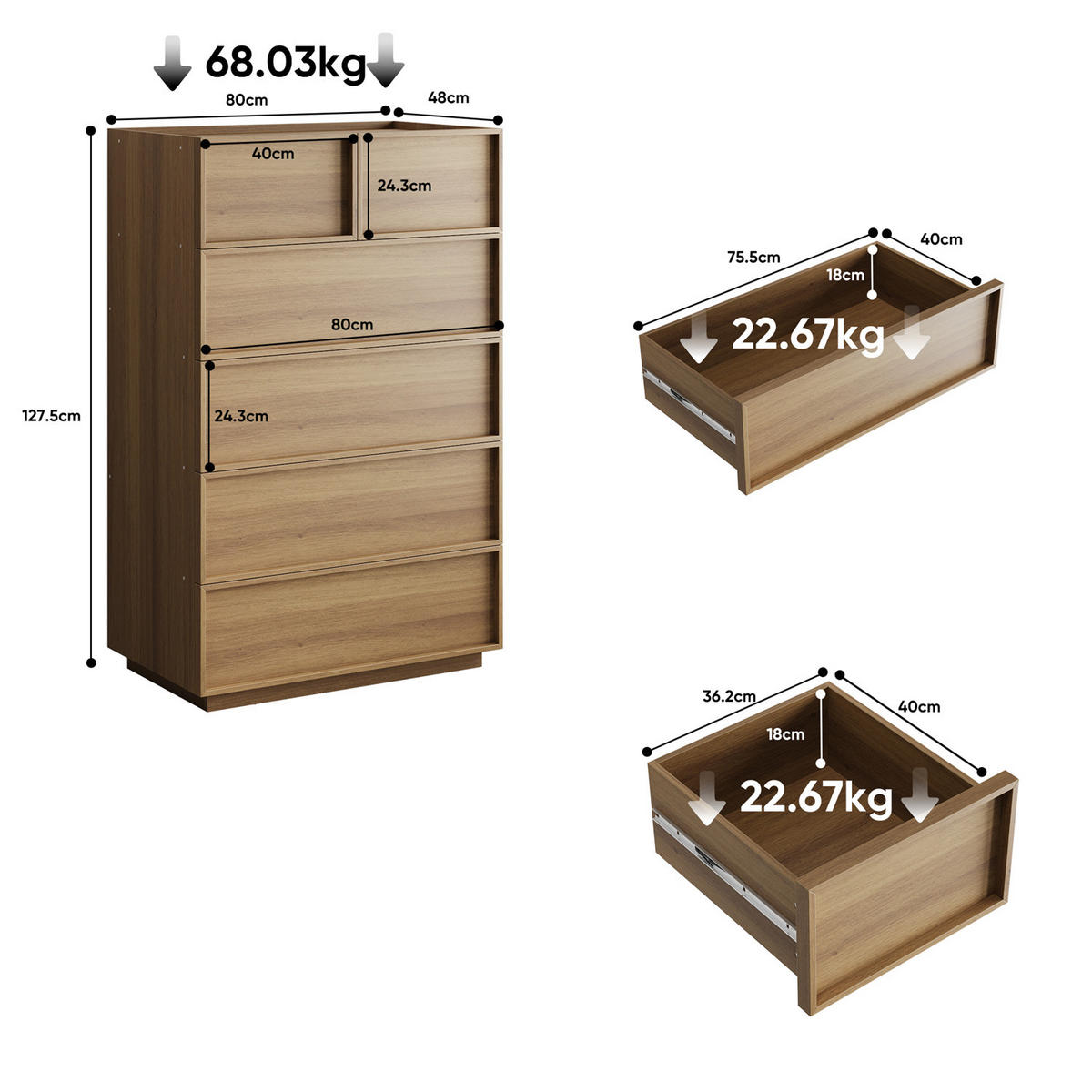 KOMMODE Eiche 80x127x48 cm Hochkommode 6 Schubladen - Hellbraun, Holz (48/127.5/80cm) - Kaket