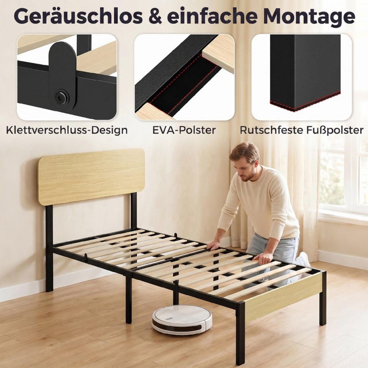 BETT 90/200 cm DE-32879 mit Kopfteil und Stauraum Schwarz - Naturfarben, Metall (90/200cm) - ComfortXL