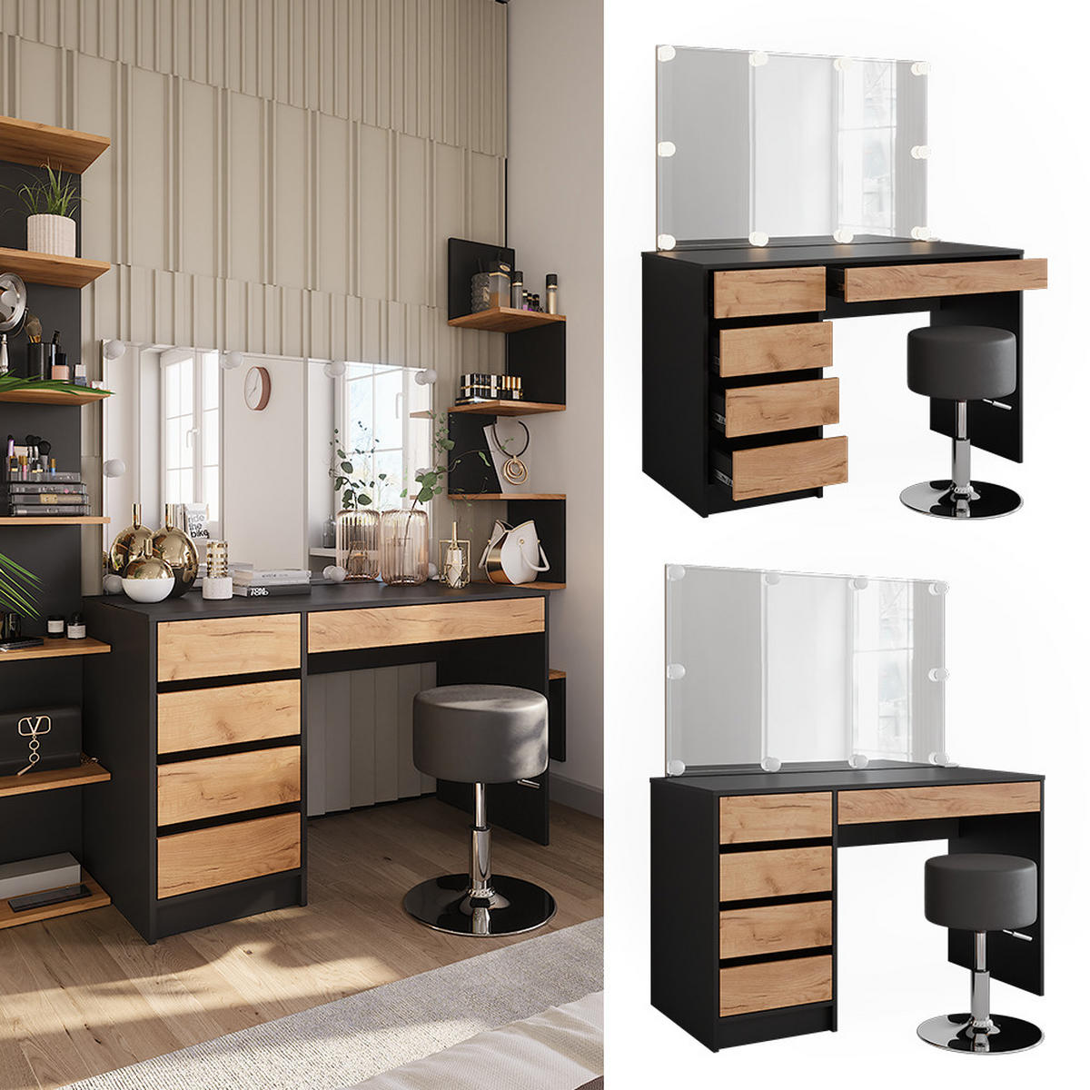 SCHMINKTISCH Sherry Anthrazit/Goldkraft Eiche 120 x 75 cm mit LED-Beleuchtung und Hocker - Honigeiche/Anthrazit, Holzwerkstoff (120/75/55cm) - Vicco