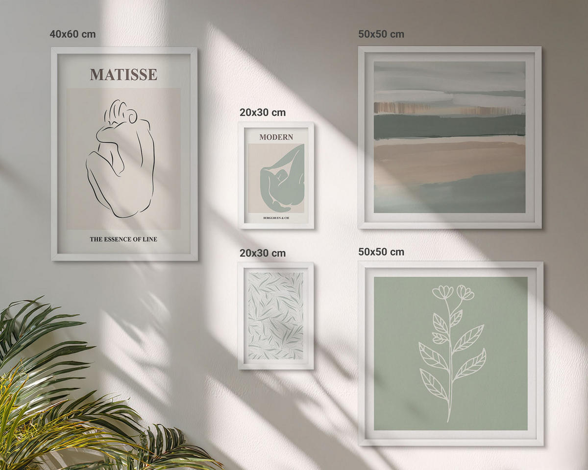 WANDBILDER 5er-Set - 50x50 cm & 20x30 cm & 40x60 cm Weißer Rahmen - Abstrakte Pflanzenformen - Weiß, Kunststoff (40/60cm) - ArtPrintCave