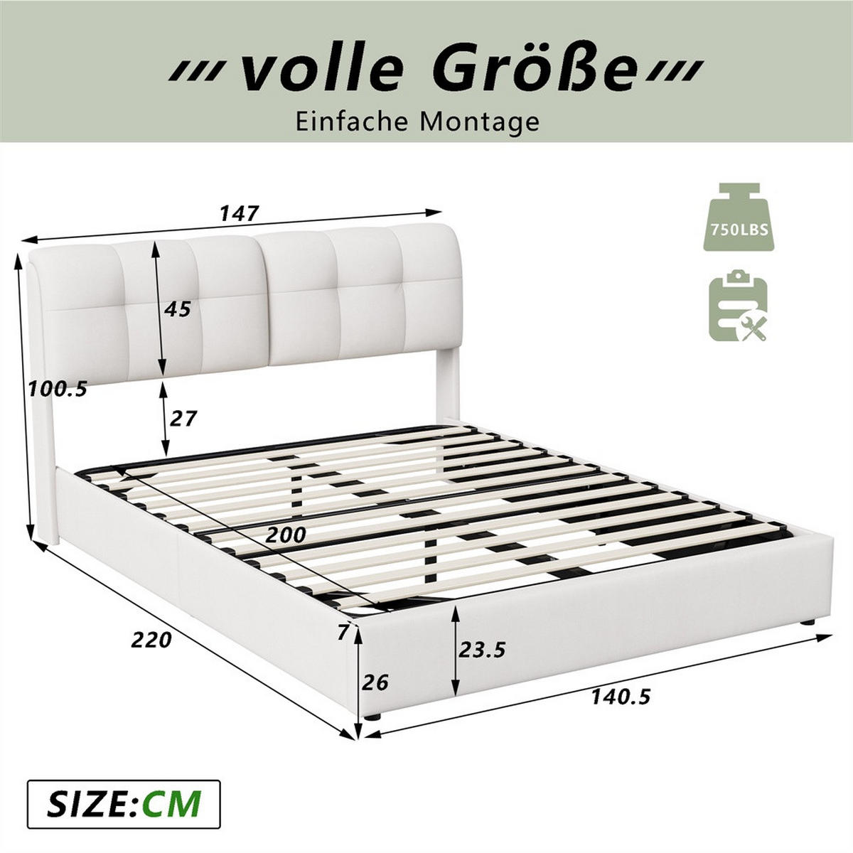 POLSTERBETT 140x200 cm mit hydraulischer Hubfunktion - Doppelbett mit LED-Beleuchtung - ohne Matratze - Cremeweiß - Beige, Textil (140/200cm) - DELFA