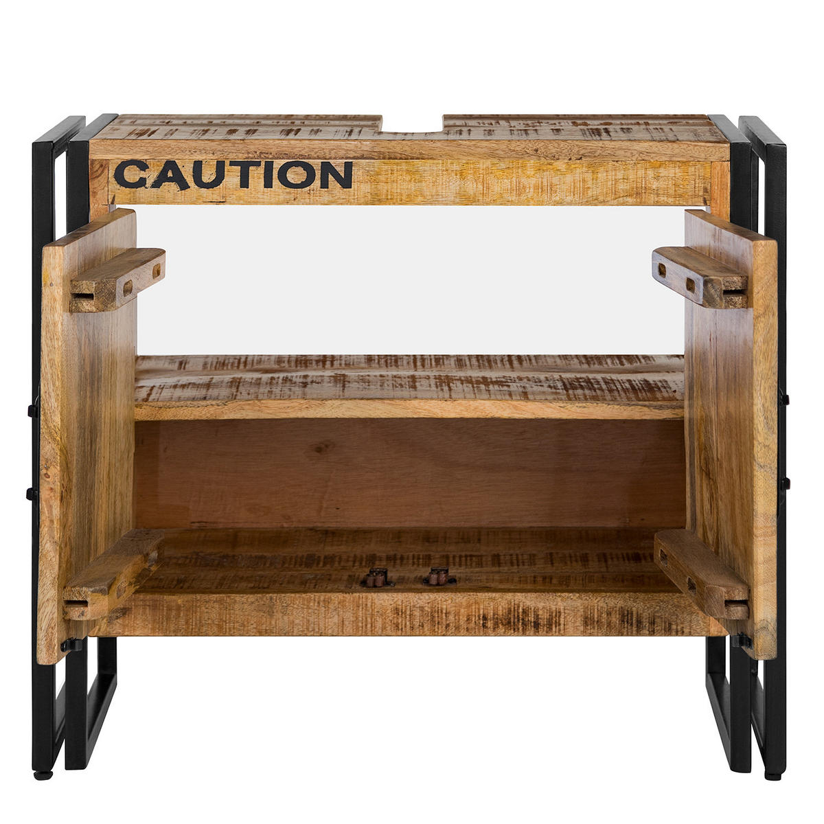 WASCHBECKENUNTERSCHRANK - Mango massiv / Eisen - Schwarz/Braun, Holz/Metall (68/57/30cm) - home24
