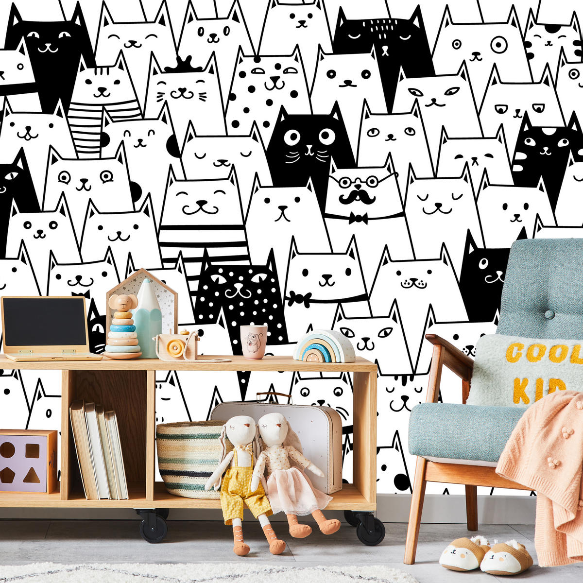 FOTOTAPETE für Kinderzimmer Schwarze Weiße Comic Katzen 350x256 - Schwarz/Weiß, Papier (350/256cm) - Muralo