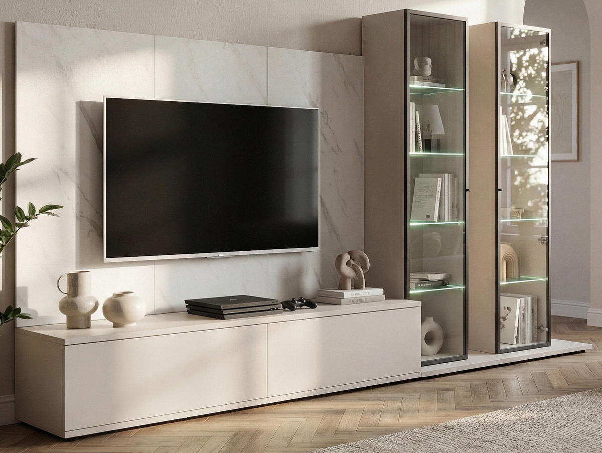 WOHNWAND kaschmir, Marmor weiß 300 cm, Anbauwand mit Wandpaneel, Beleuchtung, Push-to-Open - Kaschmir/Schwarz, Glas/Holzwerkstoff (300/175/45cm) - Inn.Furn