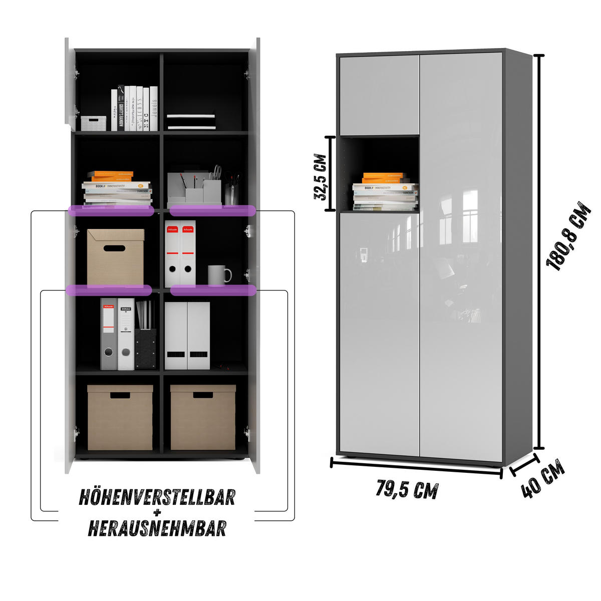 AKTENSCHRANK Amira T10 Weiß Hochglanz 180/80/40 cm - Weiß Hochglanz, Holzwerkstoff (80/180/40cm) - SIMPLYFURN