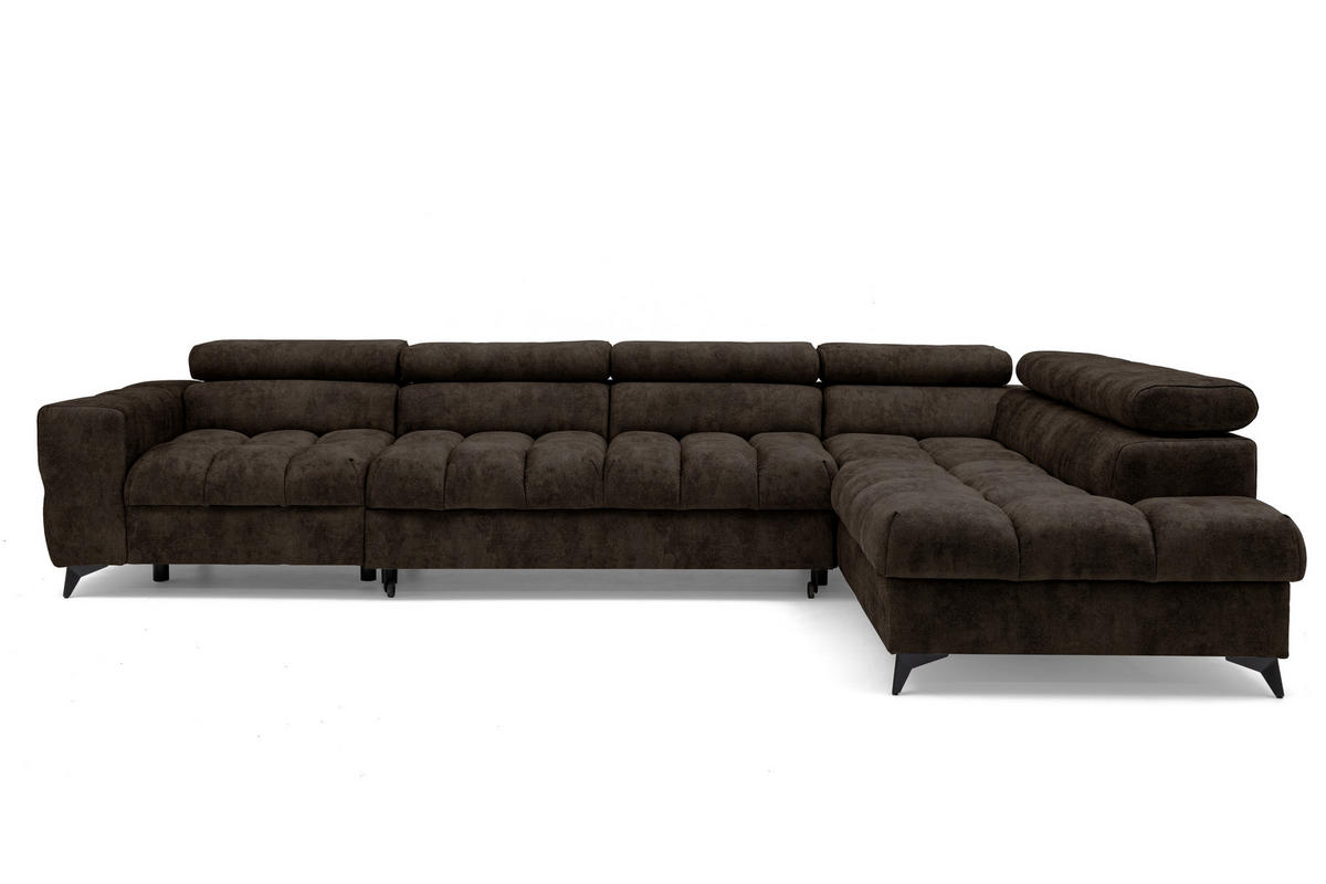 ECKSOFA PUDDING MAXI L Links mit Schlaffunktion 125x195 Velours Dunkelbraun - Dunkelbraun/Schwarz, Holz/Textil (350/203cm) - Muffo