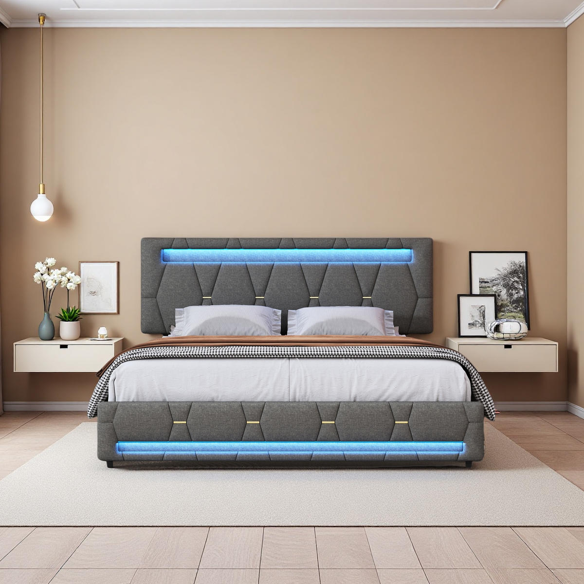 POLSTERBETT 140x200 Grau Leinen LED - Grau, Metall (140/200cm) - SHOPENTRA