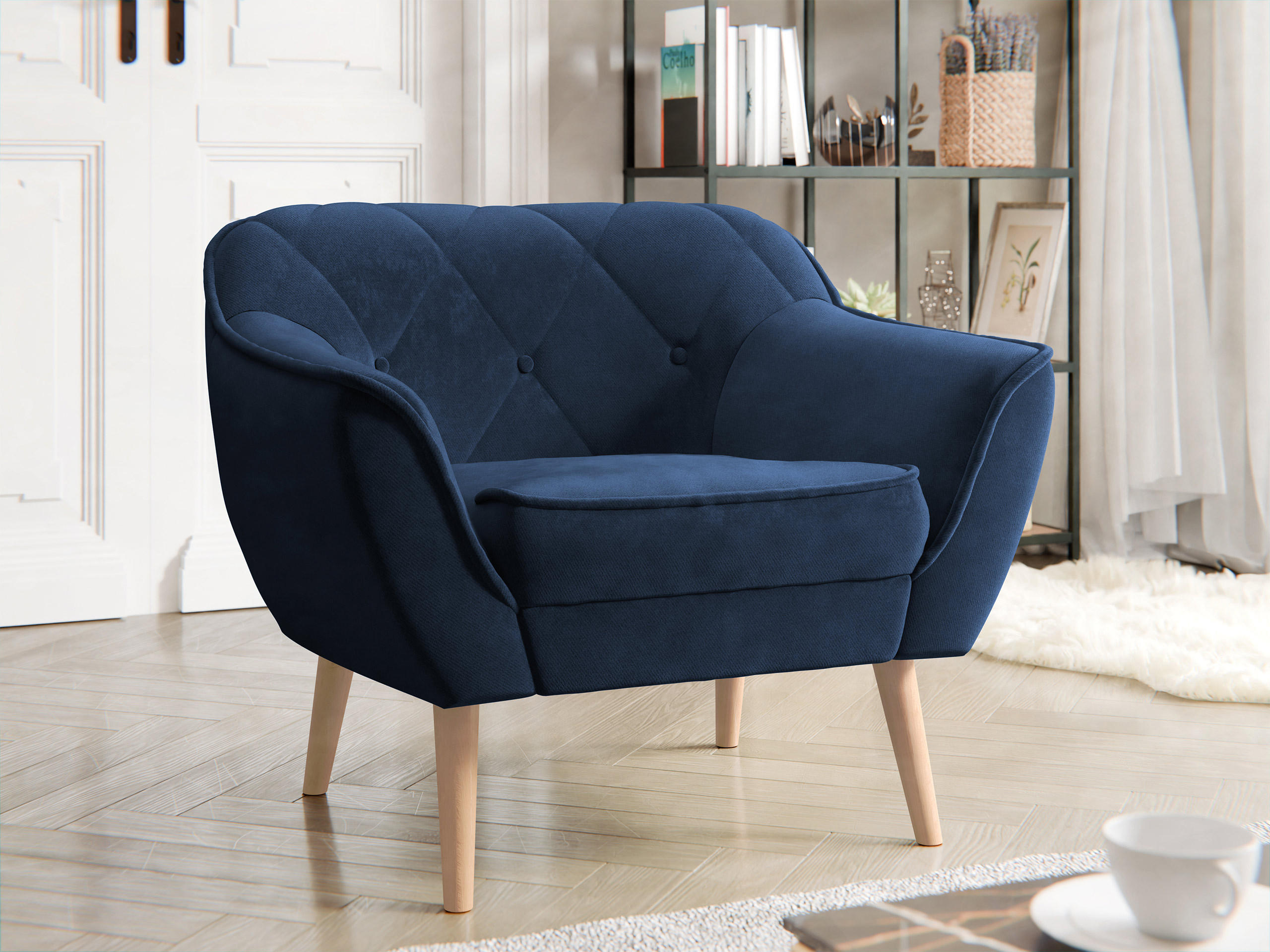 SESSEL Skand 1 - Naturfarben/Dunkelblau, Holz/Textil (80/75/74cm) - MIRJAN24