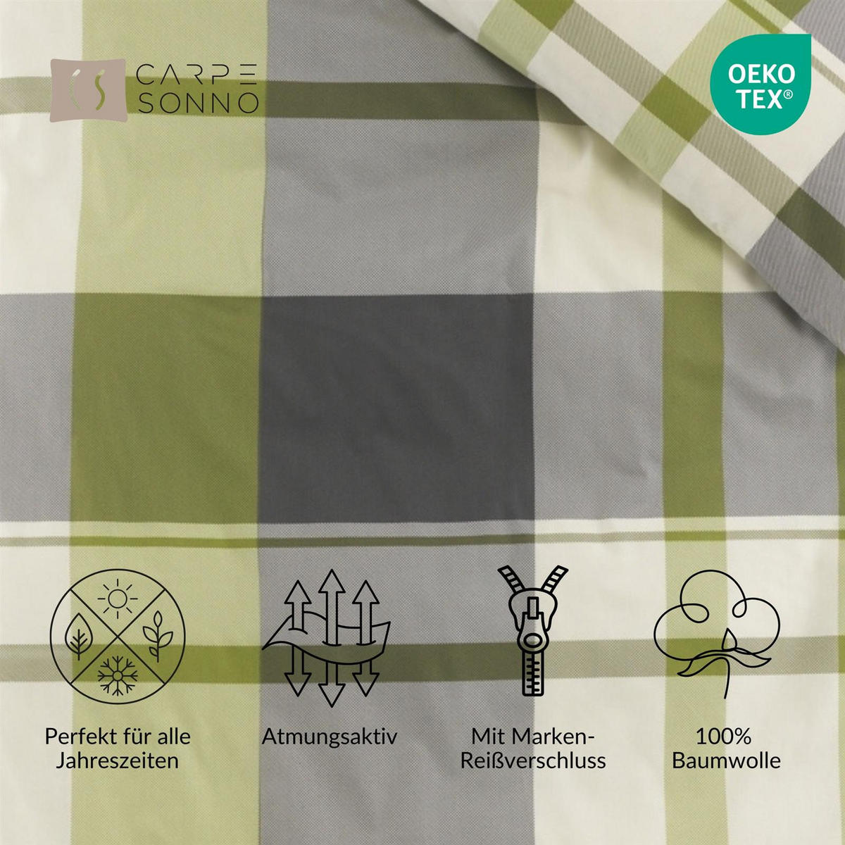 BETTWÄSCHE 135x200 Renforce Baumwolle Bettbezug Karo Muster Grün Grau kariert - Grün, Textil (135/200cm) - Carpe Sonno