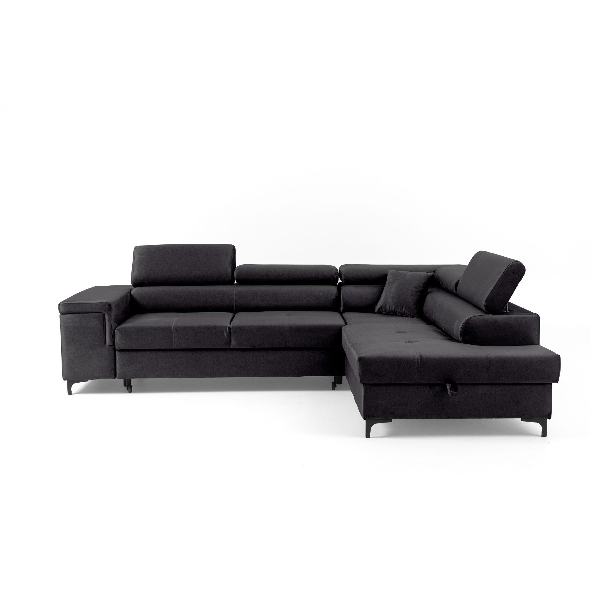 ECKSOFA WILLIAM L Rechts mit Schlaffunktion 127x195 Velours Schwarz - Silberfarben/Schwarz, Holz/Textil (203/275cm) - Muffo