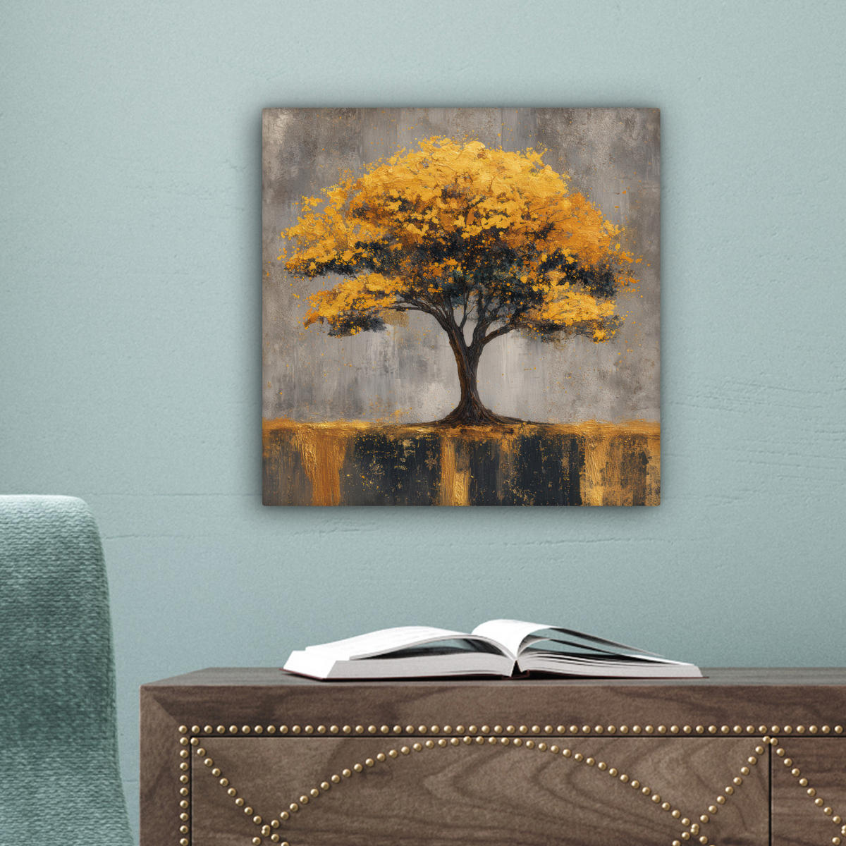 LEINWANDBILD Baum - Blätter - Gold - Abstrakt Deko Wohnzimmer 20x20 cm - Grau, Textil (20/20cm) - MuchoWow