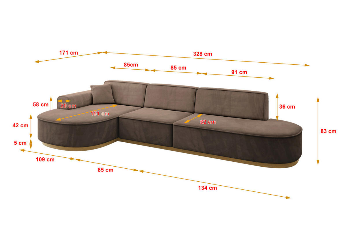 ECKSOFA Ottomane Links MARI-L2-v2 - 328x171x83 cm Braun Velours - Braun, Holzwerkstoff/Textil (328/171cm) - ALTDECOR