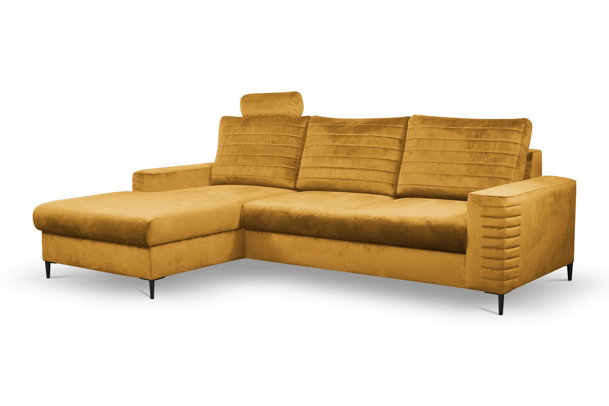 ECKSOFA GRIFO L-S Gelb Velours-Stoff mit Schlaffunktion - Gelb, Holz (253/165cm) - MASSENO