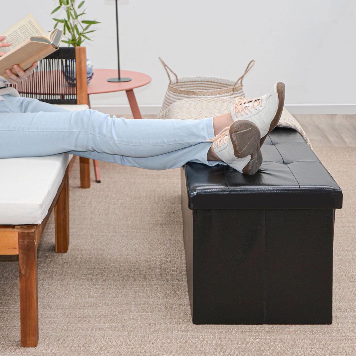 SITZBANK mit Stauraum, 110 cm, 120 Liter, Schwarz - Schwarz, Kunststoff (38/38/110cm) - Dunedesign