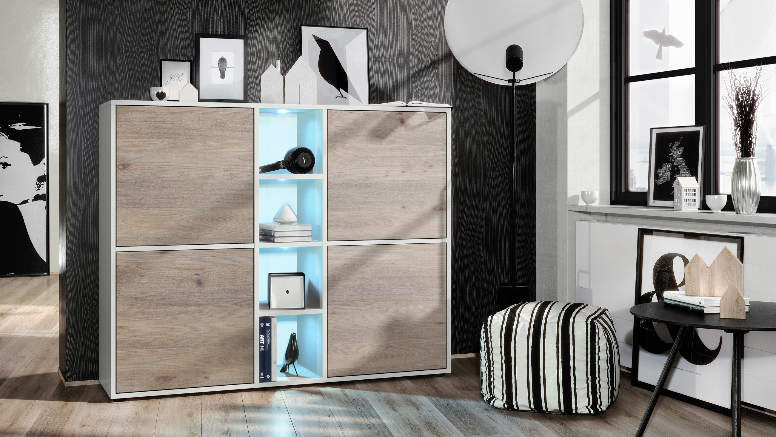HIGHBOARD Cuba Türen in Eiche Nordic - Silbereichenfarben, Holzwerkstoff (130.5/105.5/35.5cm) - Vladon