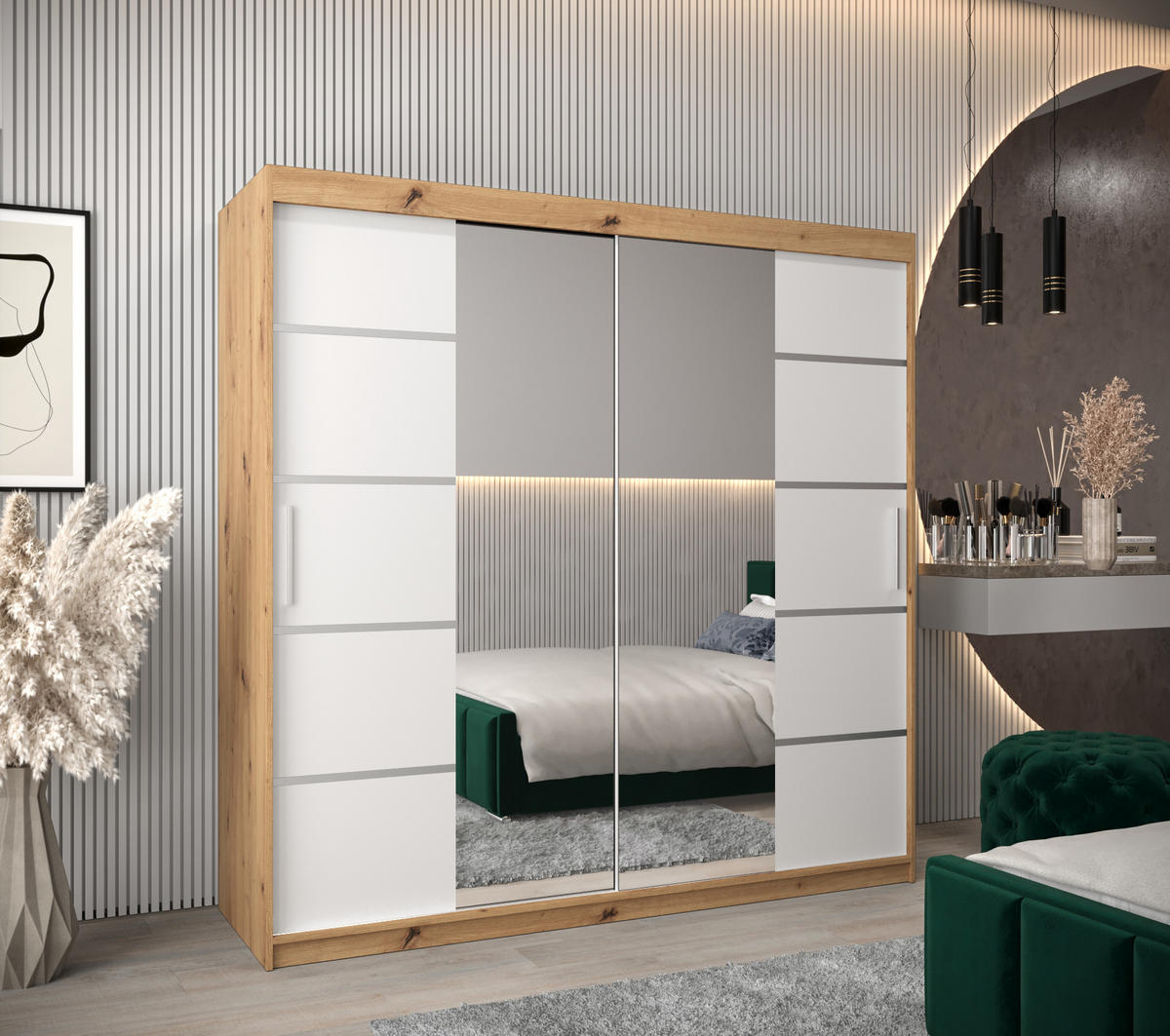SCHWEBETÜRENSCHRANK 200/200/62 2-türig - Silberfarben/Weiß, Holz/Kunststoff (200/200/62cm) - MÖBEL KRYSPOL