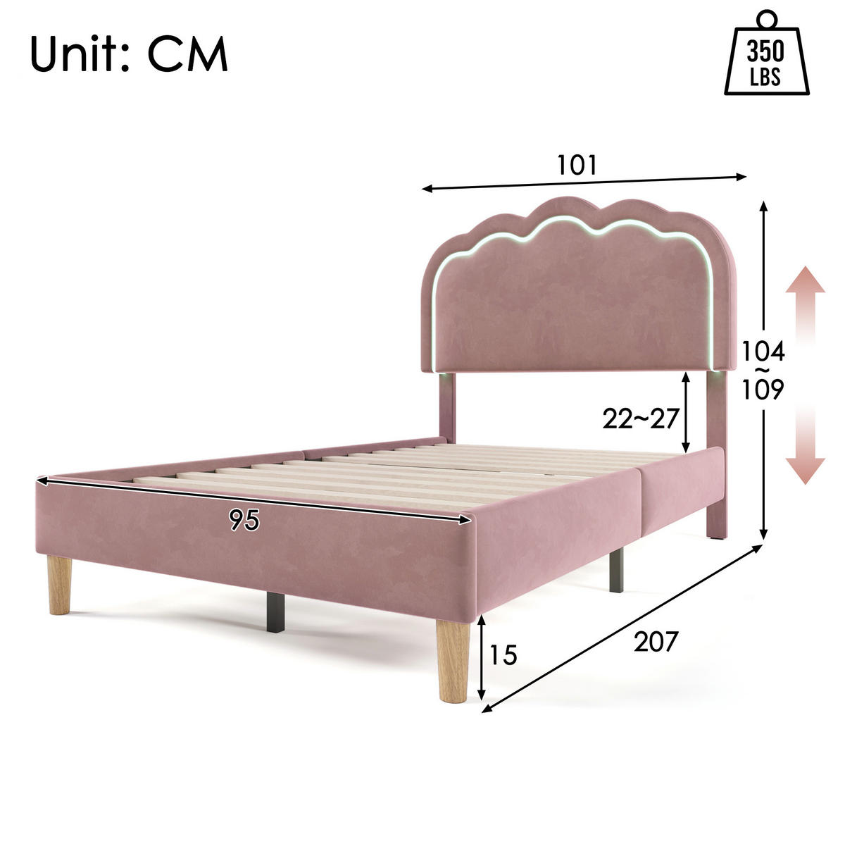 BETT mit LED-Kopfteil 90x200 cm Samt Pink - Pink, Metall (90/200cm) - Meubliv