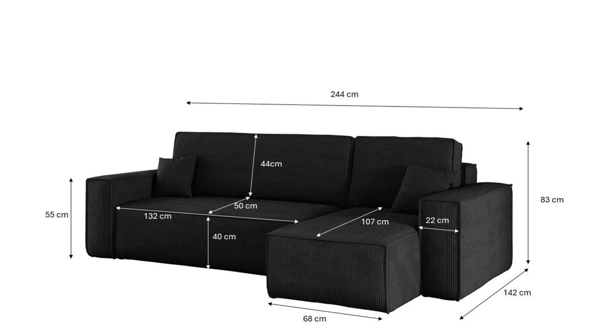 ECKSOFA Mit Schlaffunktion Und Bettkasten BEST Stoff Poso Dicker Cord Schwarz Rechts - Schwarz, Holz/Textil (244/142cm) - Kaiser Möbel