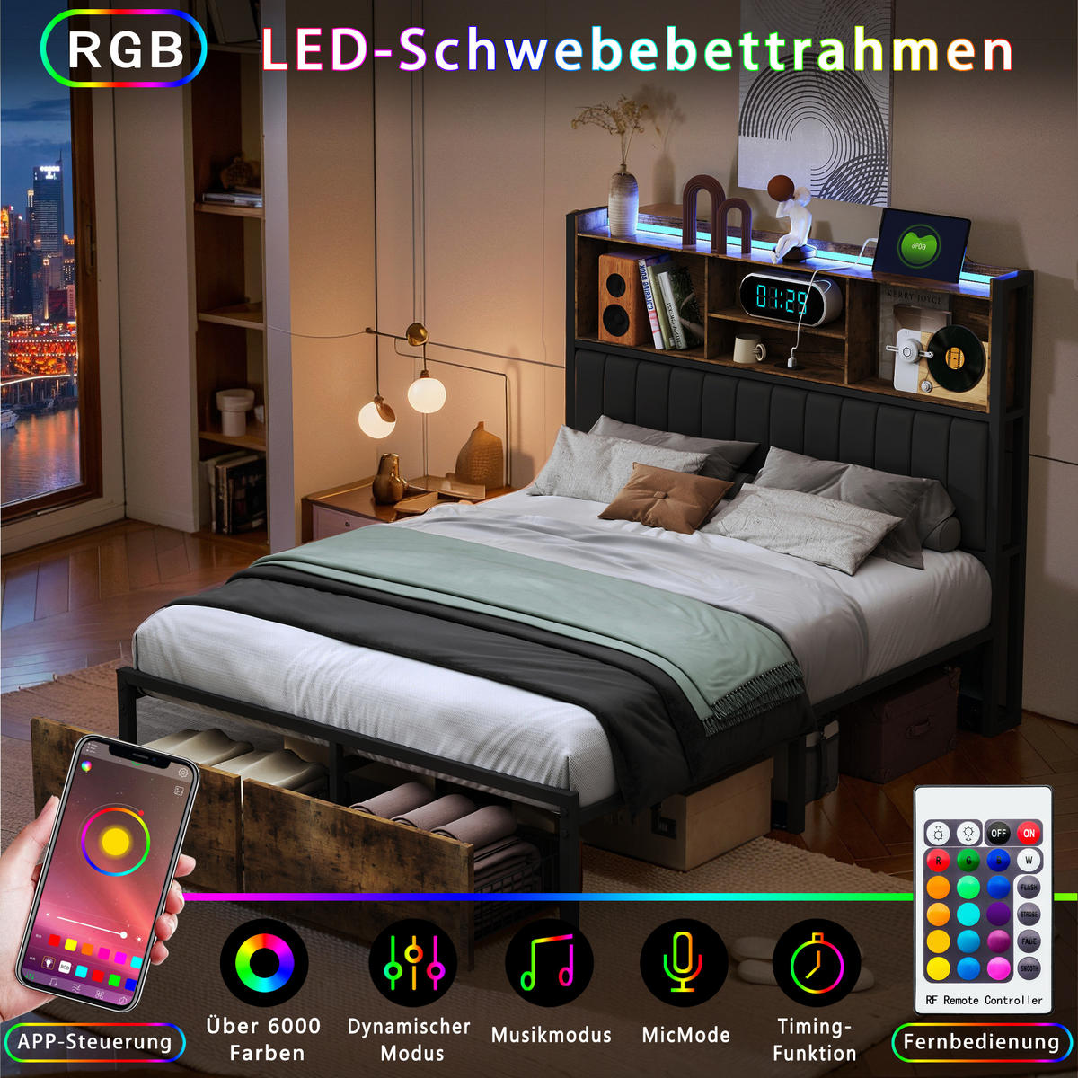 POLSTERBETT 140x200 cm, Schwarz, mit Schubladen, LED-Beleuchtung, USB - Schwarz, Textil/Metall (160/200cm)