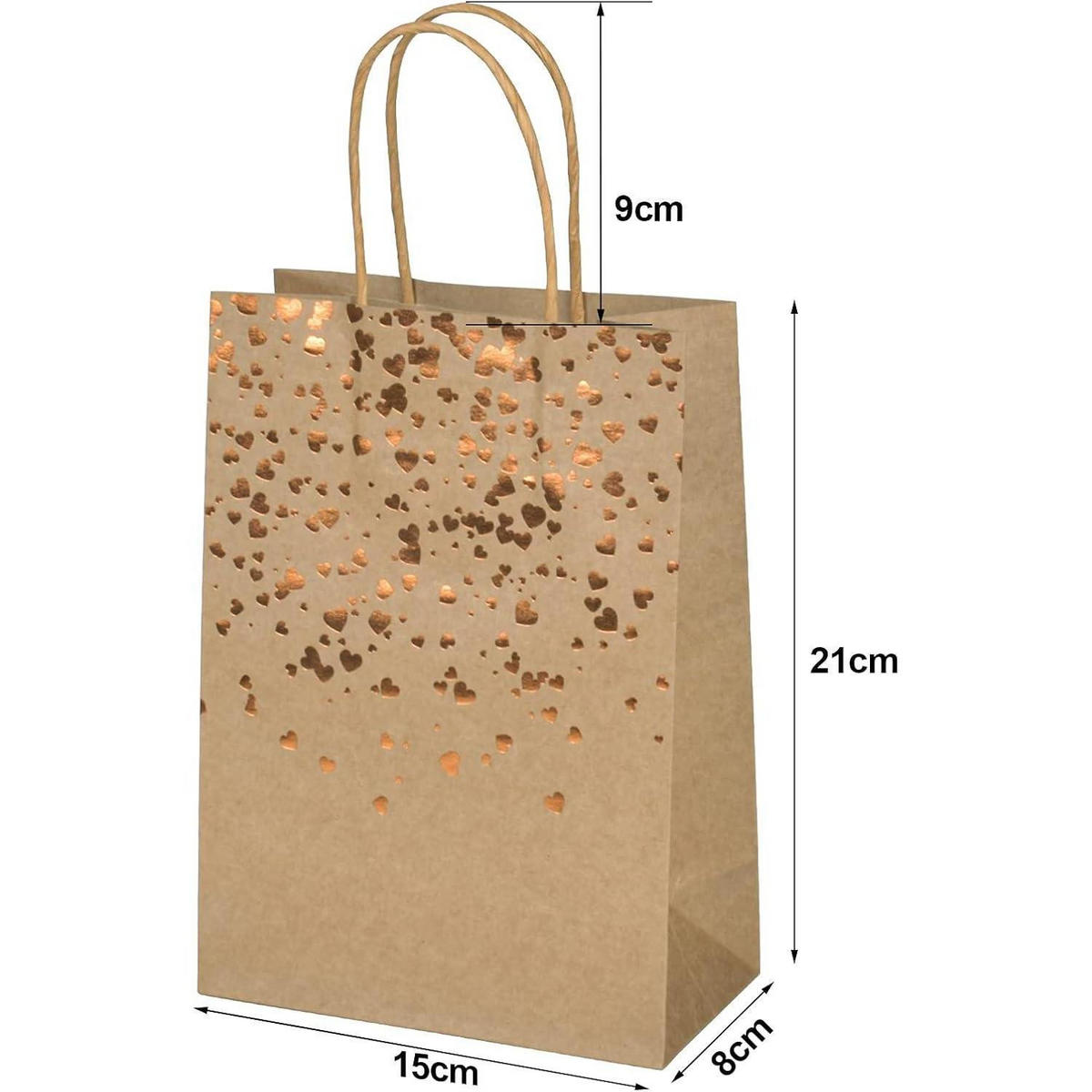 GESCHENKTÜTEN 10-teiliges Set mit Herz-Verzierung 21 x 15 cm - Bronzefarben, Papier (8/21/15cm)