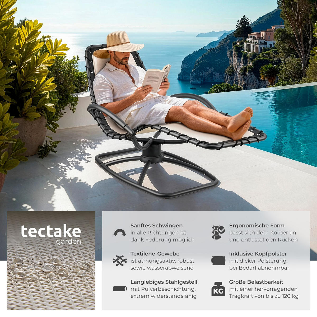 GARTENLIEGE 2er Set Toulon, Schwingfunktion, Kopfpolster, 77 x 170 x 83 cm, beige - Beige, Textil (77/83/170cm) - tectake