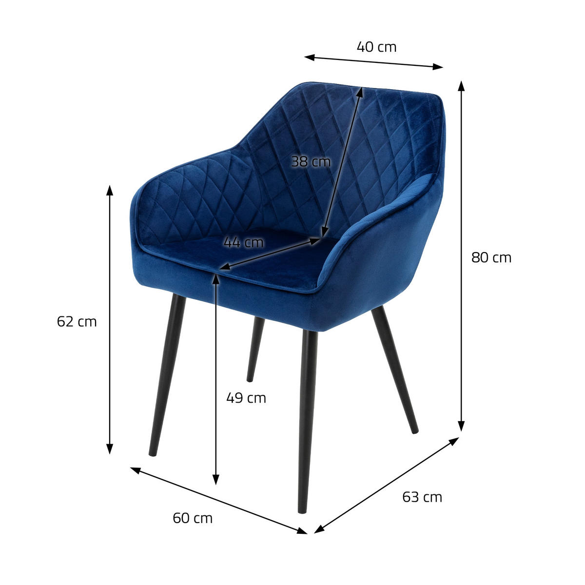 ESSZIMMERSTUHL Samt Dunkelblau 2er Set - Blau, Metall (63/80/60cm) - ML-DESIGN