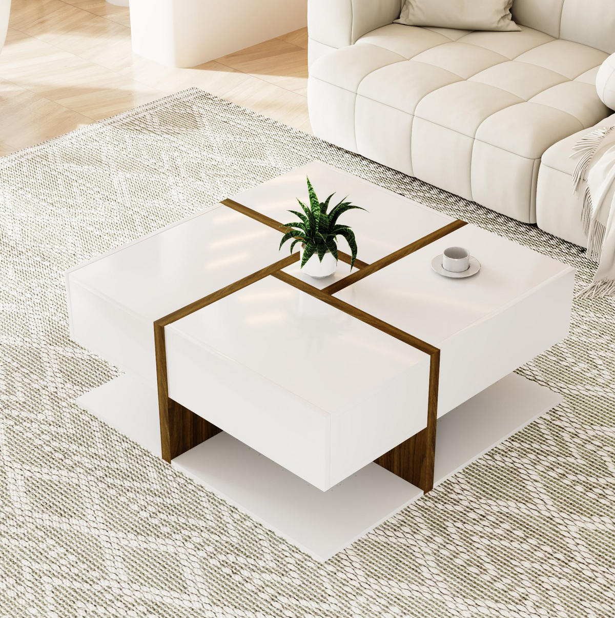 COUCHTISCH aus Spanplatte 78x78x34,8 cm Weiß und Holzfarbe mit 4 Schubladen und Hochglanzoberfläche - Weiß, Holzwerkstoff (78/78/34.8cm) - IVMEU