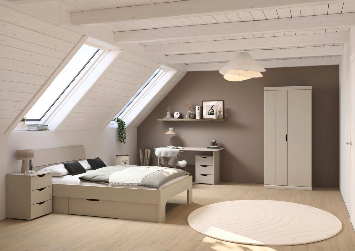 JUGENDZIMMER Frieda in Beige 5-teilig mit 2 türigem Kleiderschrank ohne Schubkästen, 140er Jugendbett, Nachttisch, Schreibtisch mit Container - Beige, Holzwerkstoff (80/200/120cm)