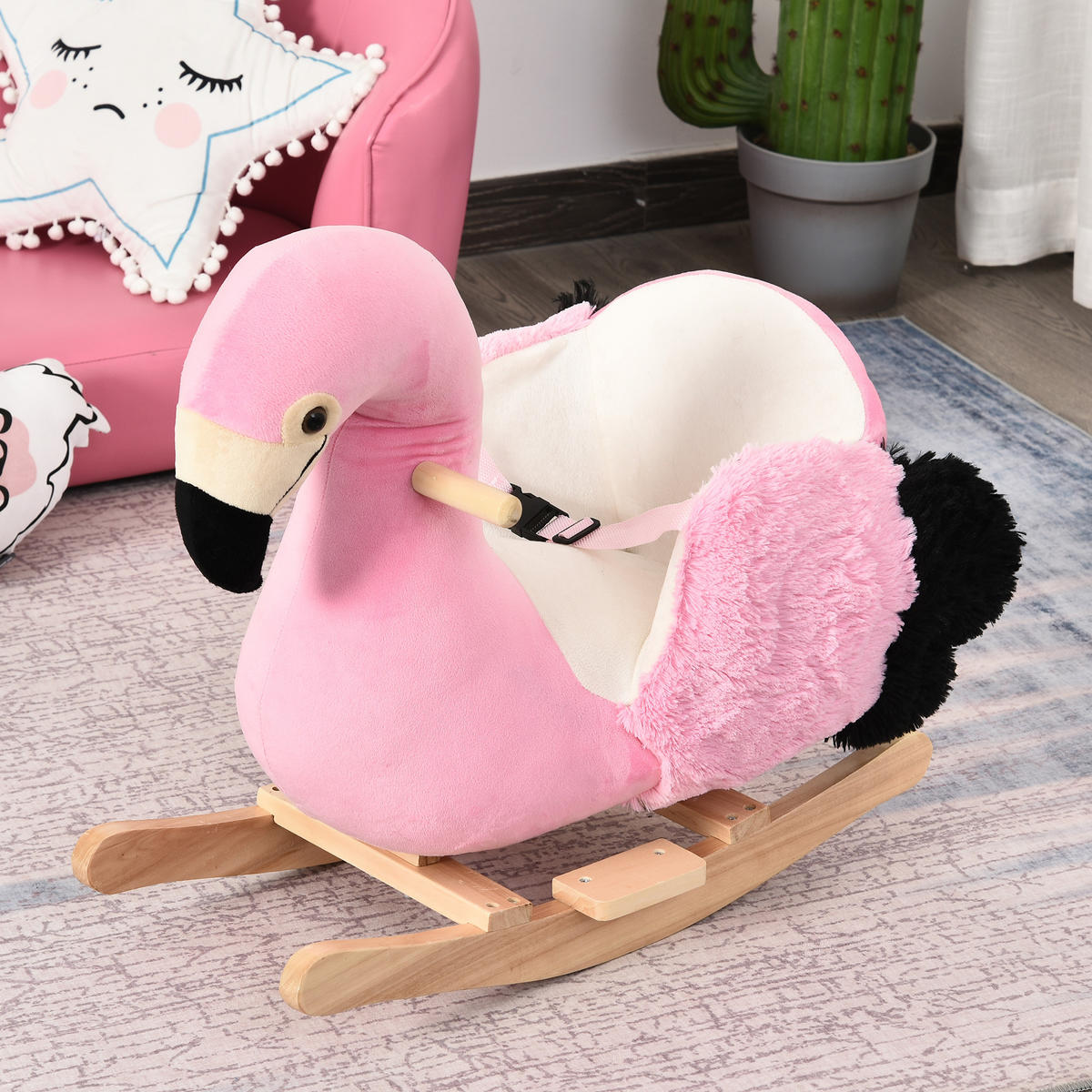 SCHAUKELPFERD mit Sicherheitsgurt Schaukelspielzeug Flamingo Haltegriffe Plüsch - Rosa, Holz (33/52/60cm) - HOMCOM