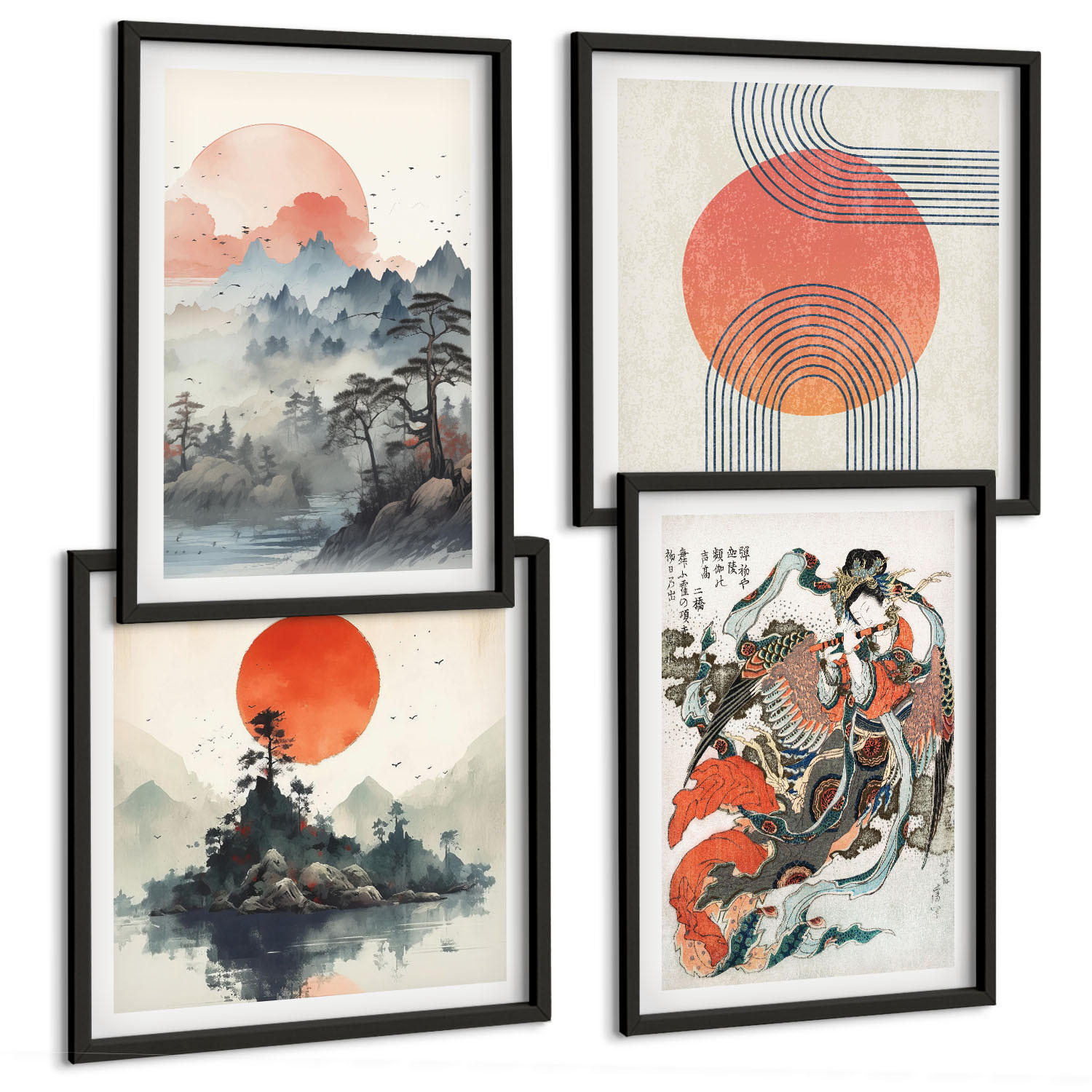 BILDER SET 4er Set - 50x50 cm & 40x60 cm Schwarzer Rahmen - Asiatische Landschaften Japandi - Schwarz, Kunststoff (50/50cm) - TULUP