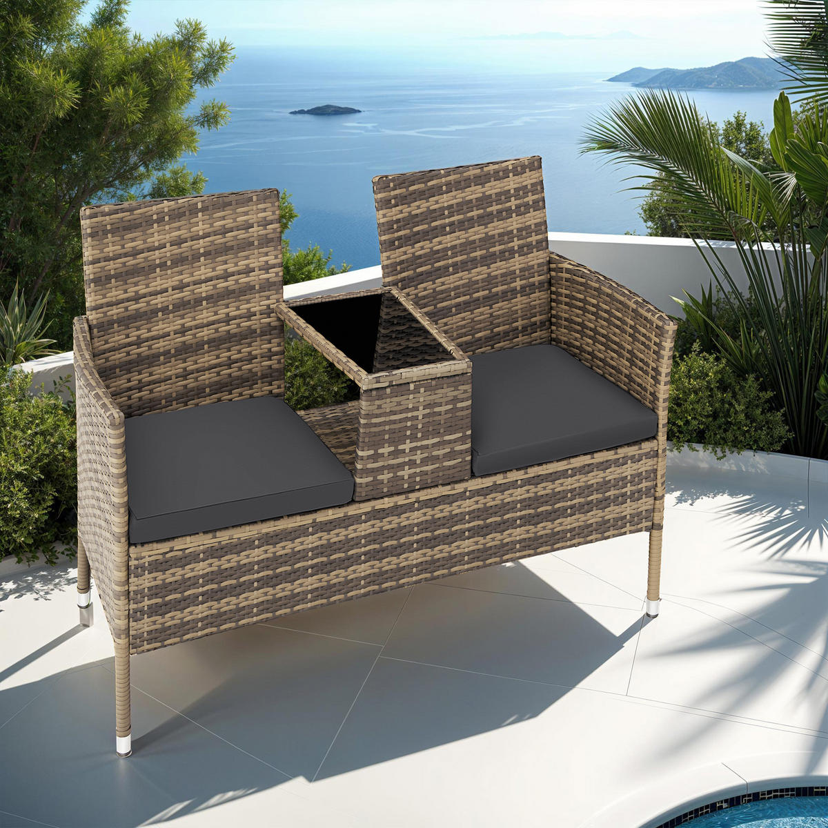 RATTAN GARTENSITZBANK Narbonne,131 x 59 x 82 cm,natur/dunkelgrau - Naturfarben, Kunststoff (61/82/131cm) - tectake