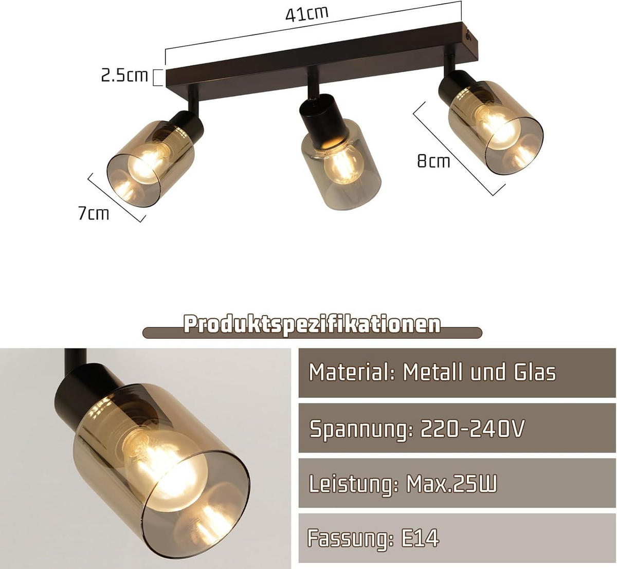DECKENSTRAHLER Funkelbert 19/15/41 cm - Schwarz, Metall (41/19/15cm) - ZMH