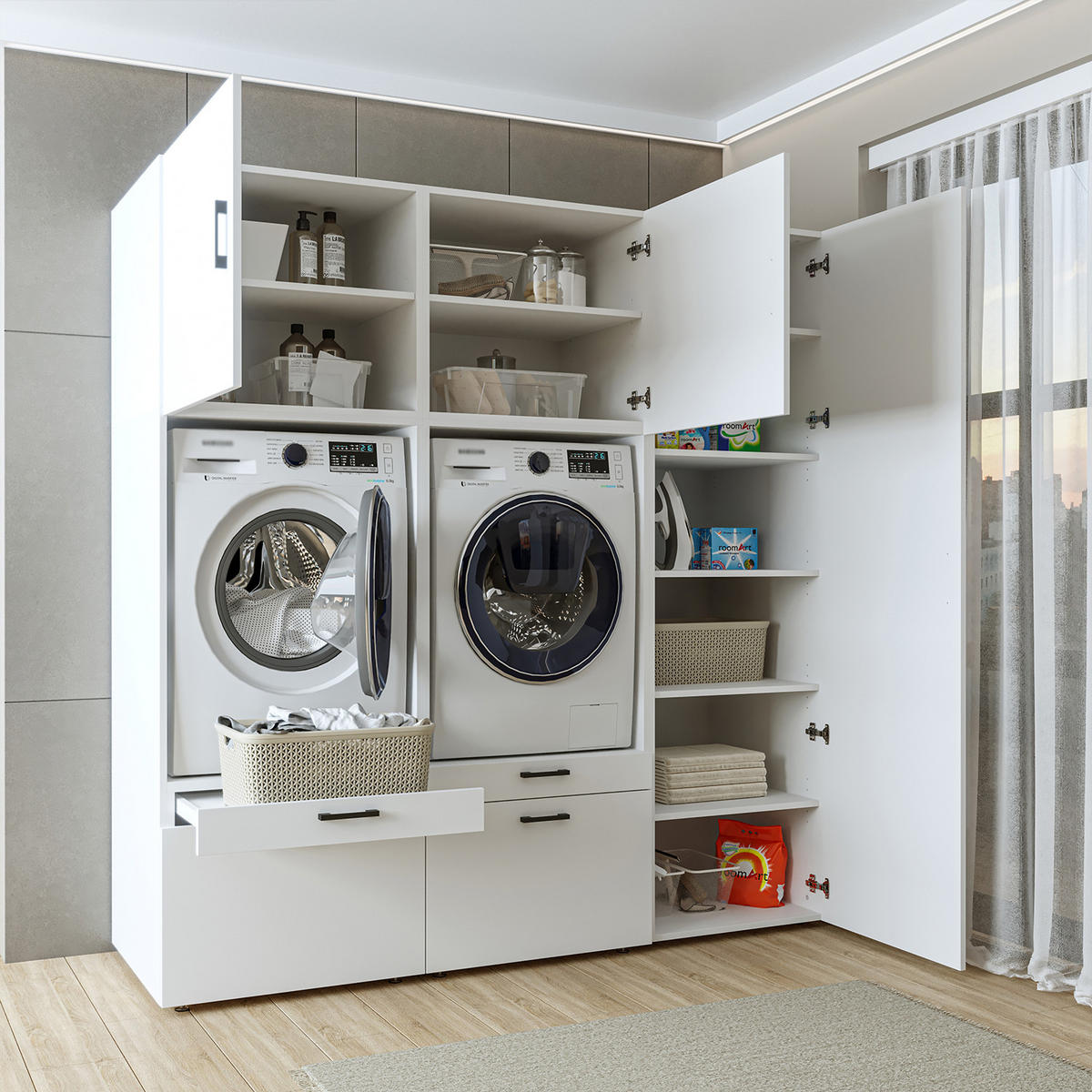 WASCHMASCHINENSCHRANK Serie 2 194cm Breit, 205cm Hoch - Weiß, Holzwerkstoff (194/205/67cm)