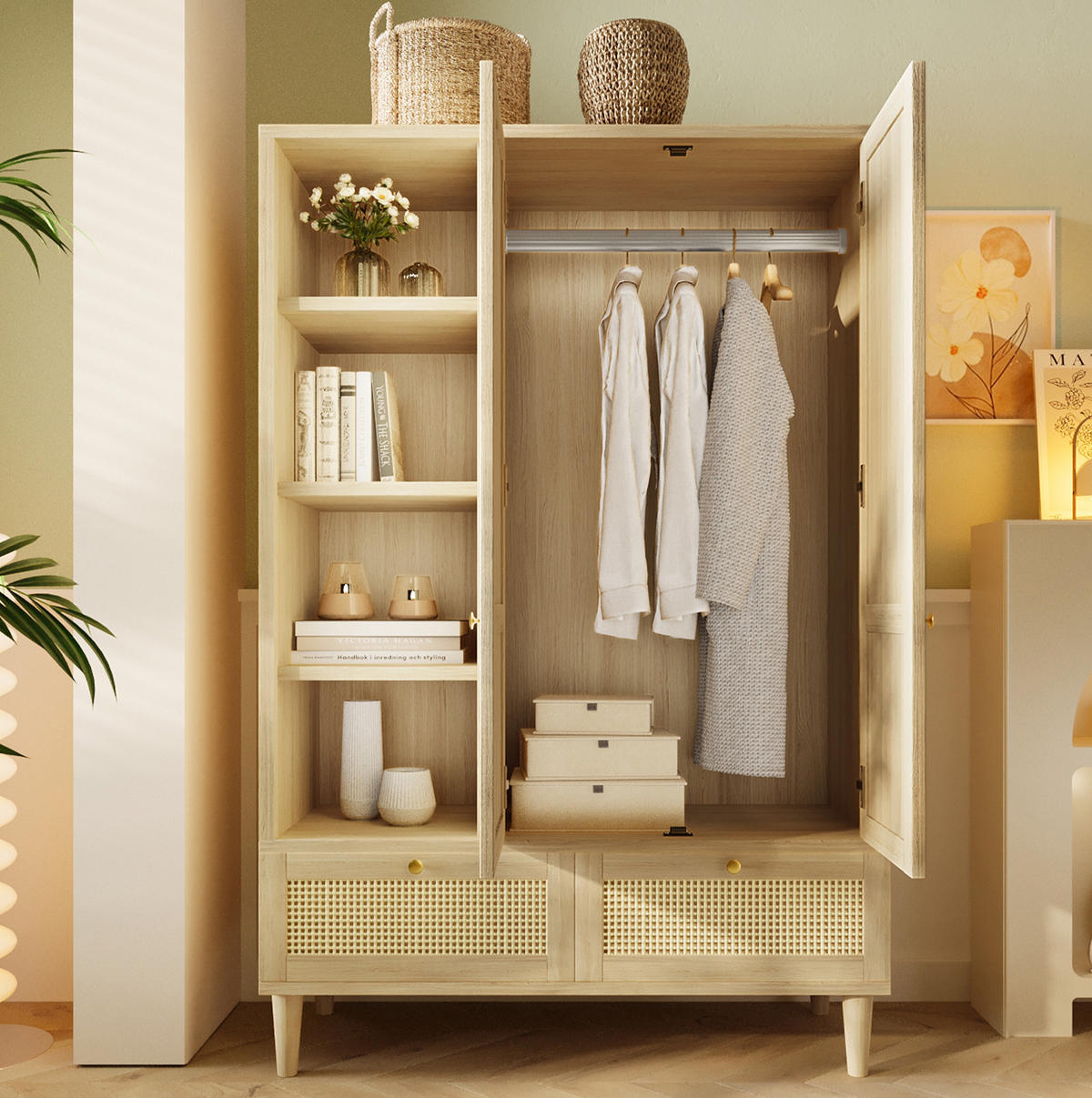 KLEIDERSCHRANK aus Holz 50x120x180 cm Eiche mit Rattanfronten, Kleiderstange, offenen Fächern und 2 Schubladen - Nussbaumfarben, Holzwerkstoff (120/180/50cm) - Modfu
