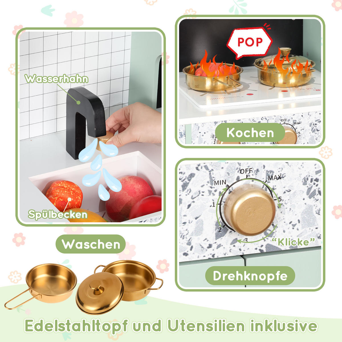 KINDERKÜCHE Grün – Spielküche mit Zubehör & Soundeffekten, kreatives Design, Holz/Kunststoff, ab 3 Jahren 30x90x98cm - Grün, Holzwerkstoff (90/30/98cm) - Ej. Life