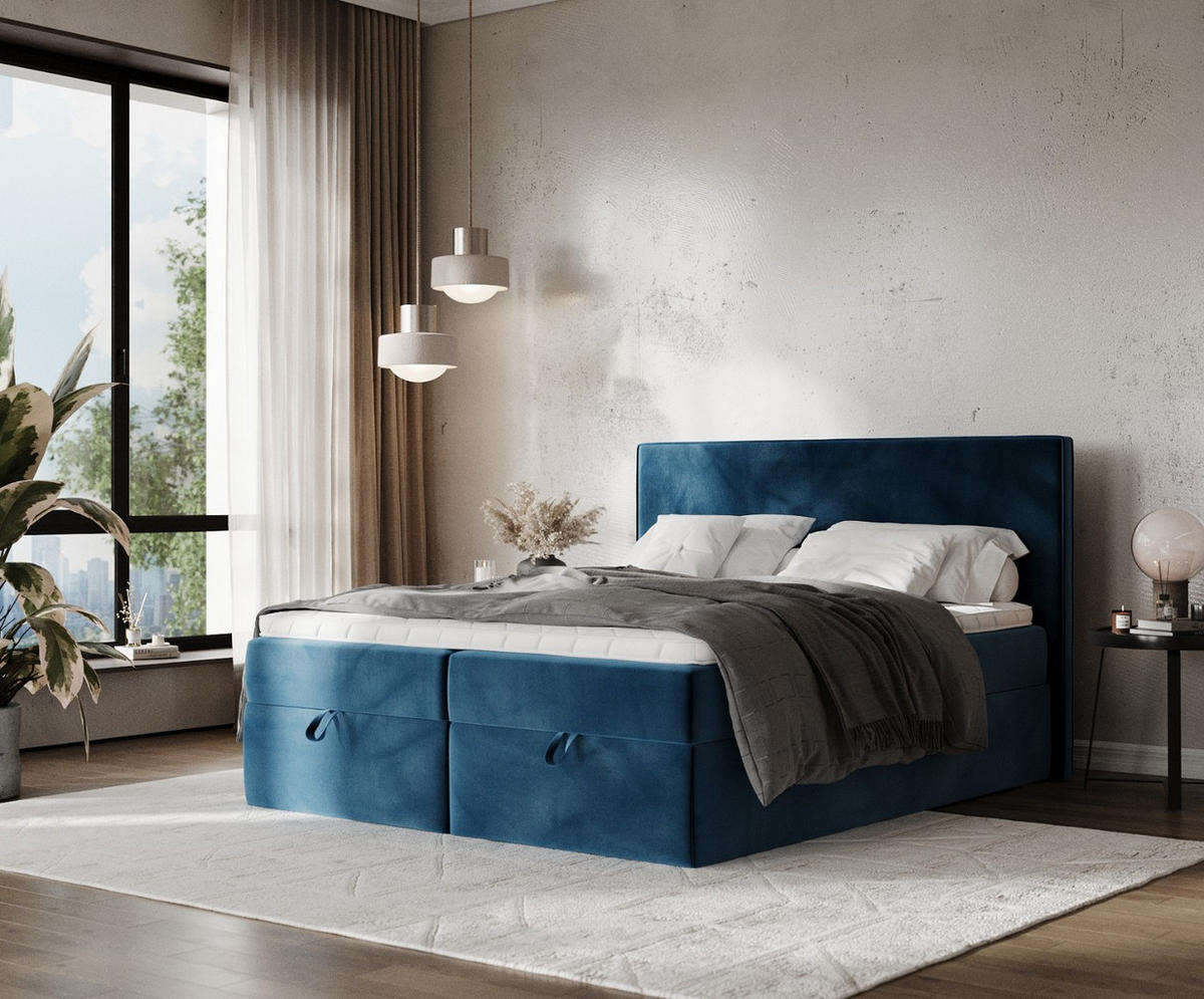 BOXBETT Velma 180/200 cm Dunkelblau im Kronos Stoff - Schwarz/Dunkelblau, Holz/Holzwerkstoff (180/200cm) - AltaBeds