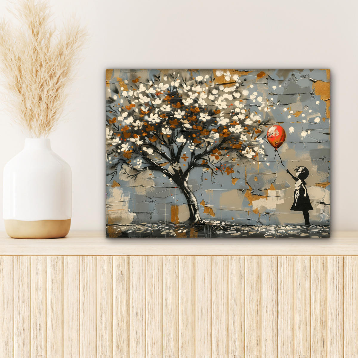 LEINWANDBILD Baum - Graffiti - Banksy-Stil - Ballon-Mädchen Wandbild 40x30 cm - Blaugrau, Textil (40/30cm) - MuchoWow