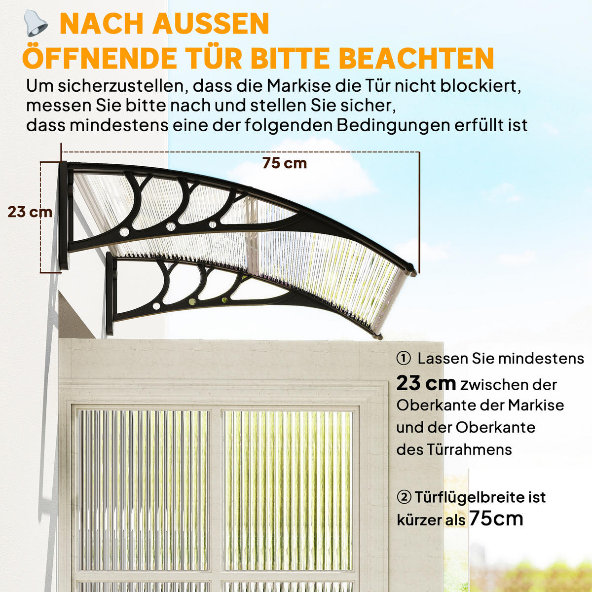 VORDACH DE-07398 Pultvordach aus Polycarbonat, 100x75 cm Transparent - Transparent/Schwarz, Kunststoff (75/23/100cm) - ComfortXL